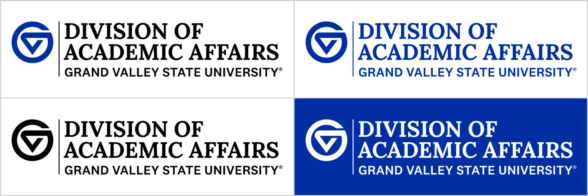 The Division of Academic Affairs secondary logo in 2-color, blue, black, and white